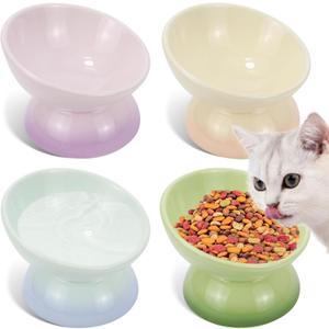 Elevated Cat Food Bowl 4 Pack 5 Oz Ceramic Raised Tilted Water Dishes, 15° Tilt Anti Vomiting, Protect Pets' Spines Bowls for Small Dog, Fat Faced Cat, Kitten