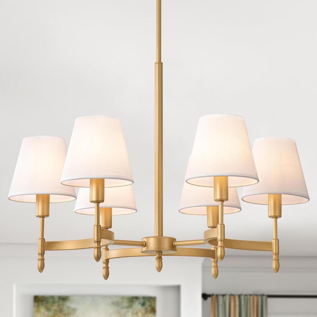 27'' Farmhouse Gold Chandeliers for Dining Room Light Fixtures, 6-Light Modern White Fabric Pendant Light Fixture Adjustable Industrial Chandeliers for Living Room Kitchen Entryway Foyer