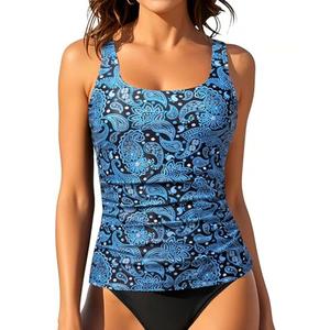 Aqua Eve Tankini Tops for Women Swimwear Top Only Tummy Control Bathing Suit Top No Bottom, Blue Paisley 02 S