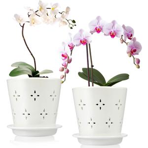 Suclain 2 Pcs 5 Inch Ceramic Orchid Pots with Holes Outdoor Indoor Orchid Planter Pot with Drainage Hole and Saucer Flower Pot Set for Repotting Promote Airflow Deter Over Watering (White)