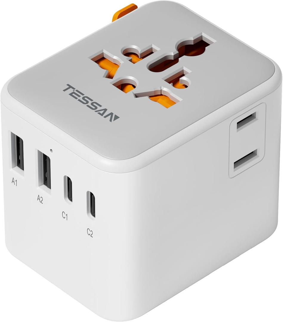 TESSAN Universal Power Adapter, International Travel Adapter with Extra 2 Prong AC Outlet, 4 USB Ports (2 USB C), Worldwide Plug Adaptor for US to Europe Italy UK Australia Ireland (Type C G A I)