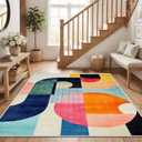 9x12 Colorful Area Rug Modern Abstract Orange Yellow Pink Blue White Beige Black Bedroom Rug Low Pile Thin Large Carpet Living Room Non Slip Dining Room Stain Resistant Office Washable Machine