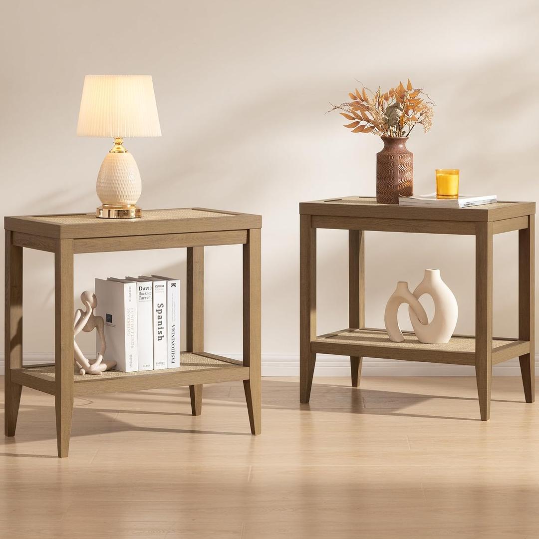 SICOTAS Rattan Nightstands Set of 2 Bedside Table - Boho Narrow End Table Living Room Set of 2 Side Table with Rattan Storage Shelves for Small Space, 2 Pieces