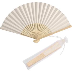 50pcs Paper Hand Fan with Organza Bags Bamboo Handheld Folding Fans DIY Decorative Wedding Party Favors (Cream)