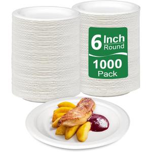 Paper Plates Bulk 1000 Count, Small Dessert Plates 6 Inch Disposable, Eco Friendly, Sturdy, White, 6 Inch 1000 Pack