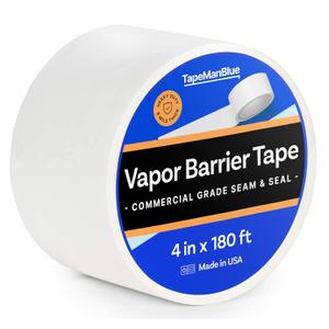 Vapor Barrier Tape - 4 inch x 180' Roll, Made in USA, White Polyethylene Tape for Crawl Spaces & Moisture Barriers, Waterproof Seal & Seam Tape for Underlayment, Insulation, and Plastic Liners (1)