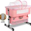 Soobaby Baby Crib,3 in 1 Bedside Crib Adjustable Portable Bed for Infant,Baby Bassinet Newborn Must Have Bed,Pink
