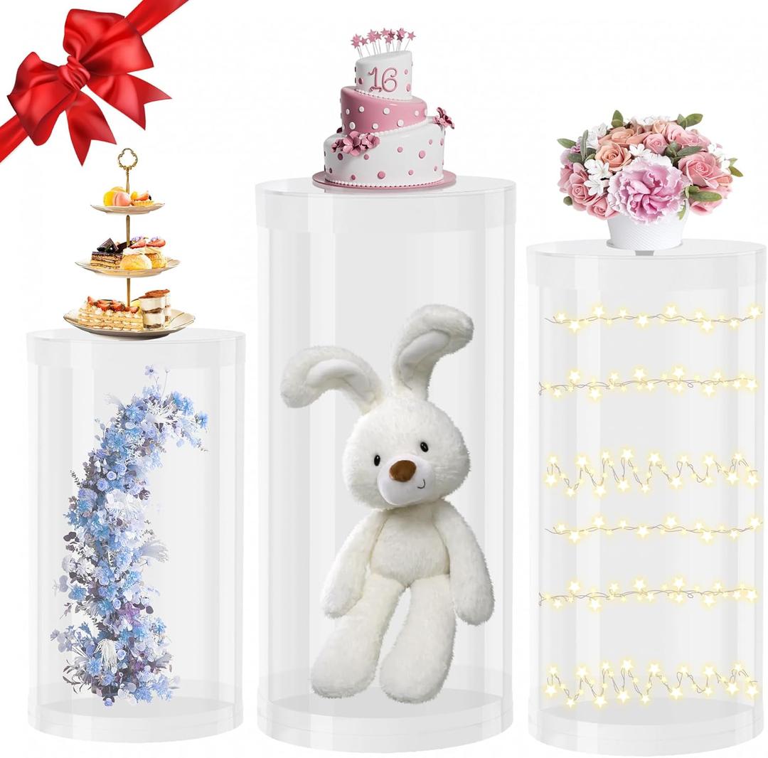 [2025 Upgraded] Cylinder Pedestal Stands Set of 3, Thickened Clear Cylinder Pedestal for Party Dessert Cake Table Pedestal Stand Display Pillars for Home Decoration, Wedding, Birthday