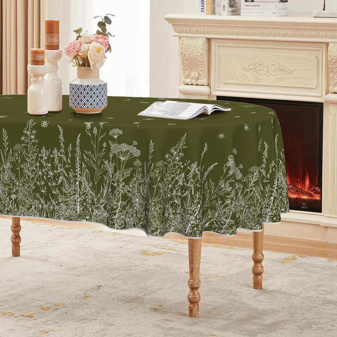 Horaldaily Spring Summer Tablecloth 6084 Inch Oval, Wild Flowers Floral Moss Green Washable Seasonal Table Cover for Party Picnic Dinner Decor