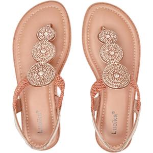 Luoika Women's Wide Width Flat Sandals, Flip Flop Thong Sandals Strappy Rhinestone Comfortable Summer Beach Shoes for Women. (8.5 X-Wide, Tan 813)