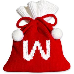 2 x Christmas Knit Drawstring Gift Bag Xmas Red and White Santa Sack with Alphabet Letter Design Reusable Wrapping Bag for Xmas Candy Goodie Party Favor 6.5 x 5.1 Inch Letter W