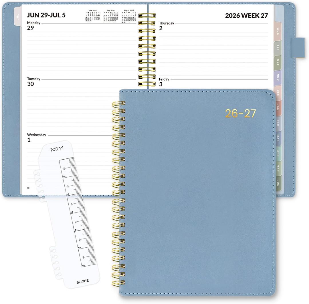 SUNEE 2026-2027 Weekly & Monthly Planner 6.4"x8.5" - 12 Month (July 2026 - June 2027), Vegan Leather Cover Planner Academic Year Calendar, Pocket, Notes, Monthly Tab, Blue