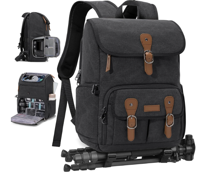 RAINSMORE Camera Bag Backpack for DSLR/SLR Mirrorless 15.6 Inch Laptop Camera Back Pack for Photographers Anti-Theft Photography Bags Case with Tripod Holder & Rain Cover, Black