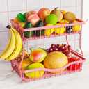 Pink 2 Tier Large Fruit Basket for Kitchen Counter with 2 Banana Hangers, Metal Fruit Bowl for Onion Vegetable Bread Snack, Countertop Organizer 14.5" W x 9.5" D