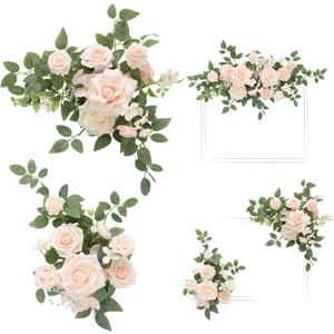 Ling's moment 2pcs Wedding Floral Swag Welcome Sign Artificial Flowers Backdrop Garland Blush & Cream Ceremony Reception Wall Home Decorations Entryway Faux Outdoor Board Head Table Decor (Pk-glowing Blush)
