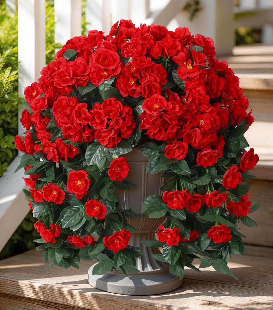 Ivydale Fake Geraniums Artificial Flowers for Outdoors Summer Decor, 2 PCS Red Faux Hanging Flowers Outdoor Plants Realistic Silk Geraniums Vines UV Resistant for Outside Planters Porch Patio Garden