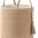 Mkono Woven Storage Basket Decorative Natural Rope Basket Wooden Bead Decoration for Blankets,Toys,Clothes,Shoes,Plant Organizer Bin with Handles Living Room Home Decor (Brown, 28 x 28cm)