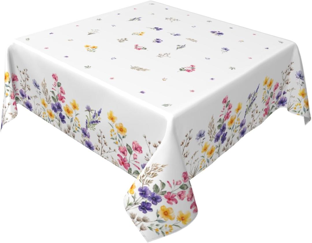 Floral Square Tablecloth 60x60 Inch, Spring Summer Wildflower Farmhouse Washable Polyester Table Cover for Indoor Kitchen Party Dinner Decor, White