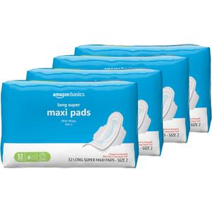 Amazon Basics Thick Feminine Maxi Pads with Flexi-Wings for Periods - Long Length, Super Absorbency, Unscented, Size 2, 128 Count (4 Packs of 32)