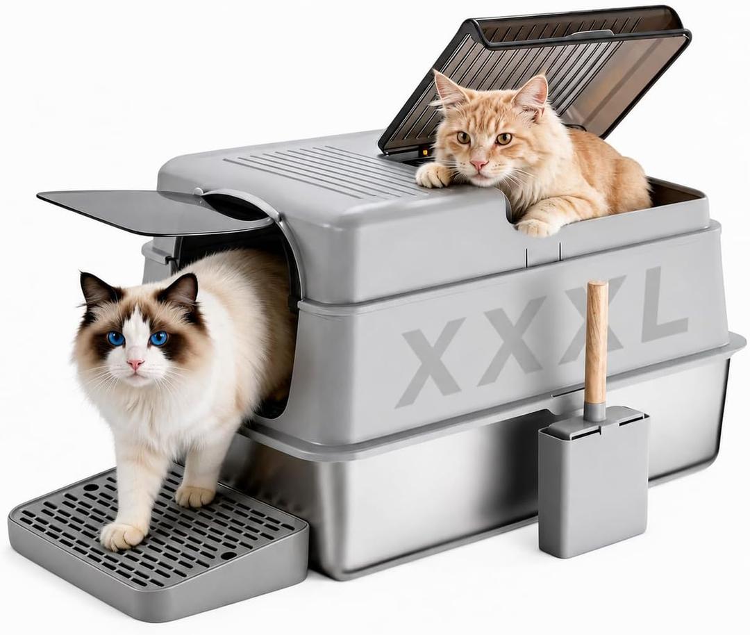 KalraMay Extra Large XXXL Stainless Steel Litter Box with Lid, Gray | Enclosed Cat Litter Box for Big & Multi-Cats, Metal Cat Box with Footboard & Scoop, Non-Sticky, Anti-Leakage, Easy Cleaning