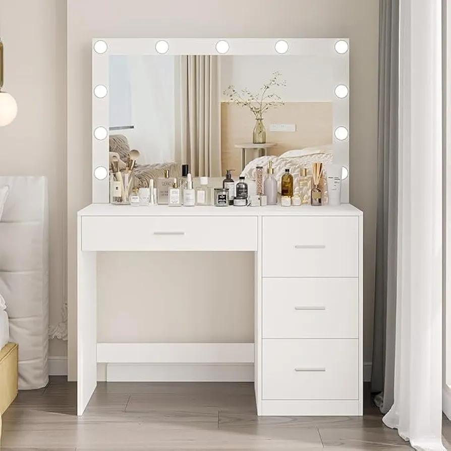 Irontar Makeup Vanity Table, Makeup Table with Large Mirror and 11 LED Lights, Brightness Adjustable, Dressing Table Desk with 4 Drawers, Bedroom Vanity Desk for Women, White