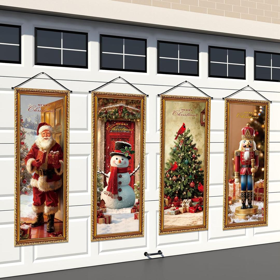 Panelee 4 Pcs Christmas Porch Banners Snowman Santa Nutcracker Xmas Tree Stretching Portraits Wall Decorations Christmas Porch Sign Backdrop for Xmas Indoor Outdoor Wall Hanging Decor (colored)