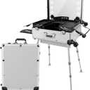 Aluminum Trolley Makeup Train Case with Led Light Rolling Makeup Case with Legs Suitcase Vanity with Lights with Stand Mirror Makeup Vanity Station (21 in, Silvery)