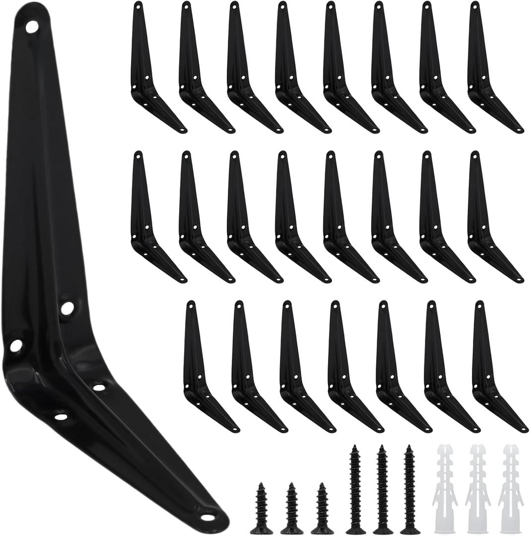 24Pcs 5 x 4 Inch Black Shelf Brackets, Heavy-Duty Metal Steel Corner L Brackets for Shelves Shelf, Bookshelf, Garden Boards, Wall Hanging Shelves Decoration Clapboard