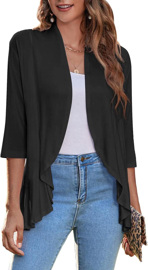 Zeagoo Women's Open Front Cardigan 3/4 Sleeve Draped Ruffles Soft Knit Sweaters S-3XL (Black)