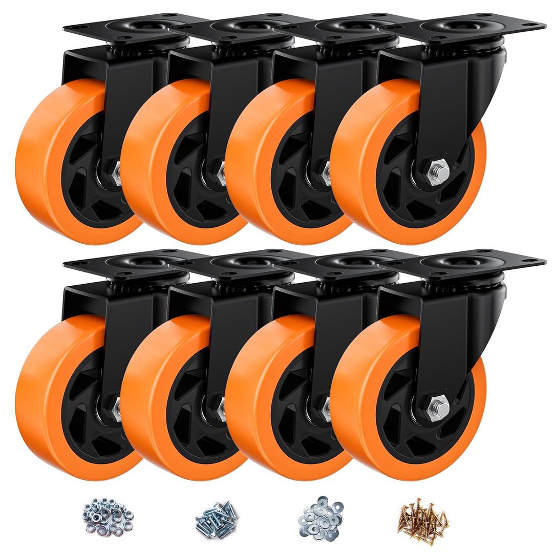 4 Inch Caster Wheels, Casters Set of 8 Heavy Duty, Orange Polyurethane (PU) Casters, Industrial Swivel Top Plate Castor Wheels for Workbench/Furniture/Cart (Pack of 8)