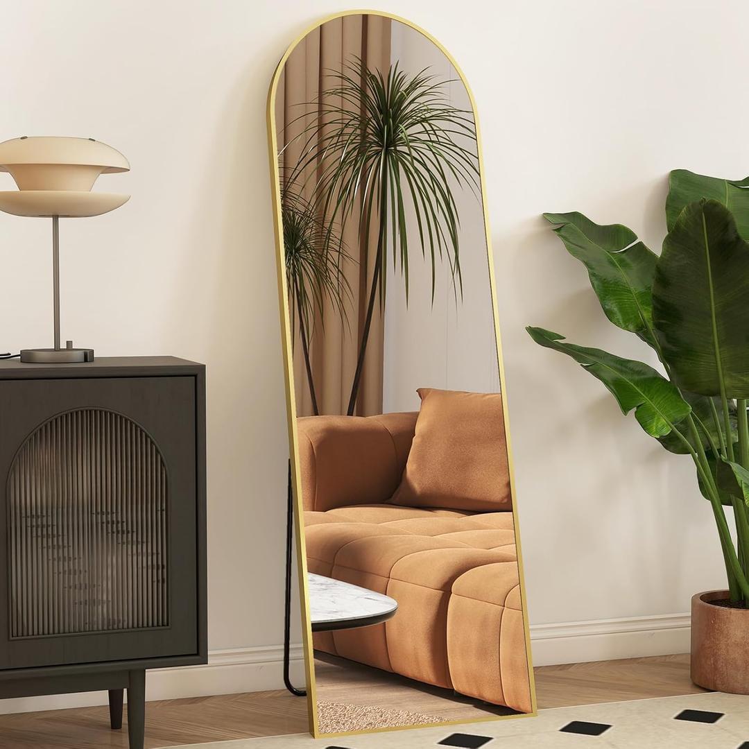 Mirror Full Length, Upgraded Body Wall Mirrors with Shatter-Proof Glass, Floor Standing, Hanging or Leaning, Tall Mirror with Stand Aluminum Alloy Frame for Bedroom (59"L x 16"W, Classic Gold-arched)