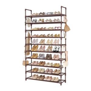 LANTEFUL Tall Shoe Rack 10 Tier Shoe Organizer Large Shoe Shelf with 18 Hooks Storage for 50 Pair Sneaker and Boot, Stackable Vertical Shoe Rack Organizer for Closet, Entryway, Bedroom, Brown