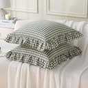 Aryeleay 2 Pack Sage Green White and Brown Plaid Gingham Ruffle Pillow Shams, 100% Washed Cotton Checkered Farmhouse Pillow Covers for Bed/Sofa-20 x20