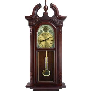 Bedford Clock Collection Grand Antique Colonial Chiming Wall Clock with Roman Numerals in a Cherry Oak Finish, 38" L, Large