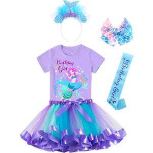 Doctor Unicorn Birthday Girls Mermaid Outfit Set Costume Tutu Skirt Dress, Mermaid Birthday Shirt, Headband & Satin Sash (Blue). 4Y Size