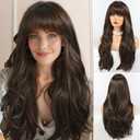 HAIRCUBE Long Brown Wig with Bangs Layered Curly Wigs for Women Natural Synthetic Wigs for Daily Use (pelucas de cabello natural)
