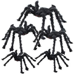 5pcs Halloween Spider Set: Giant Hairy Spider with Red Eyes, Bendable Legs - Scary Decorations for Patio, Yard, Garden, House (30", 20", 12")