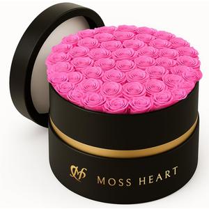 50 Petite Preserved Roses, Designer Round Box, Real Forever Roses Last 1+ Year, Premium Gift for Women, Wife, Girlfriend, Mothers Day, Birthday, Anniversary, Valentines Day (Hot Pink)