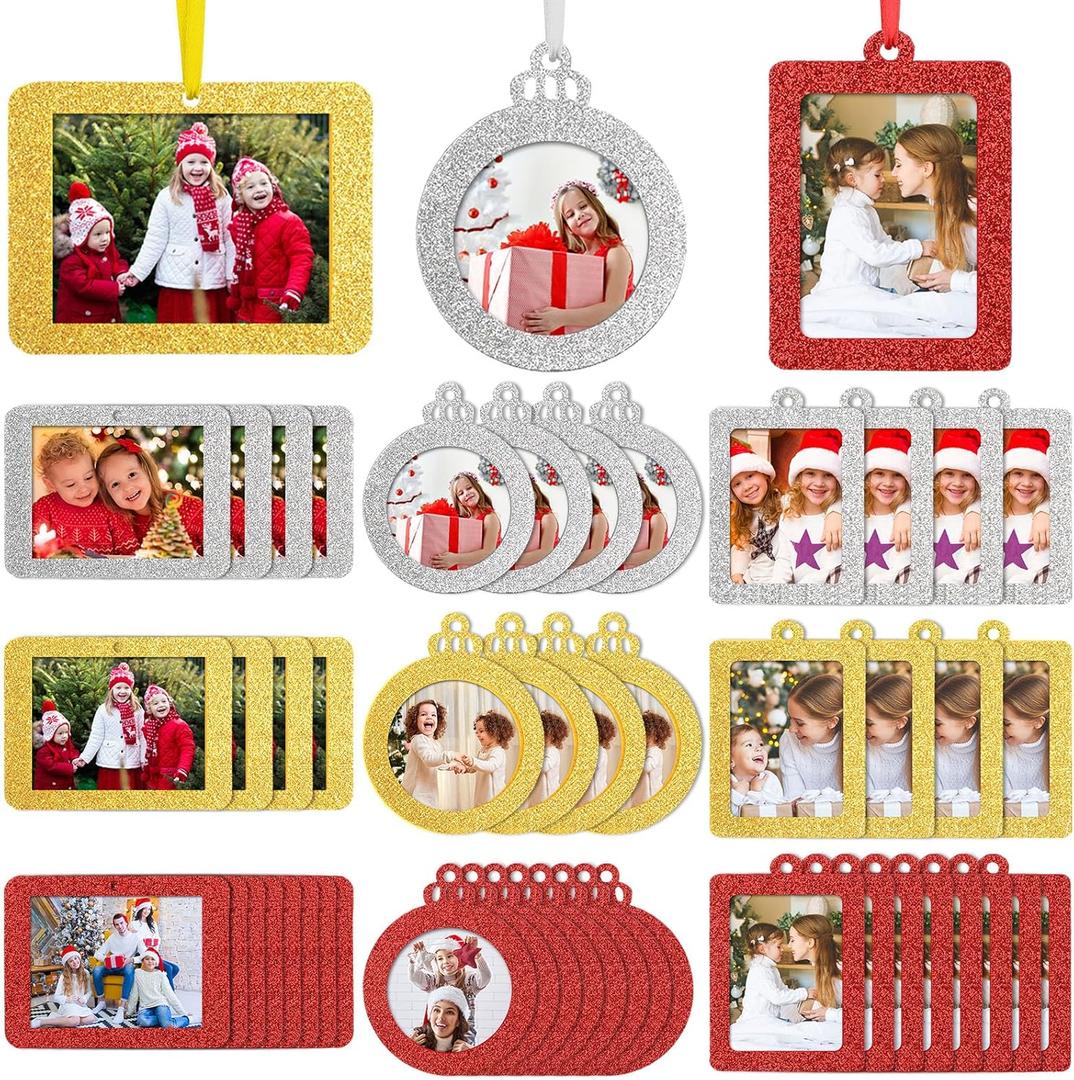 Queekay 48 Pieces Christmas Photo Ornaments Hanging Picture Frame Ornaments for Tree Glitter Small Picture Insert Frame for DIY Crafts Christmas Trees Decoration (Chic Style)