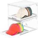 Henyol 2 Pack Hat Organizer Box, Clear Cap Holder Box with Sliding Tray, Stackable Hat Display Case, Large Storage Box for Baseball Caps
