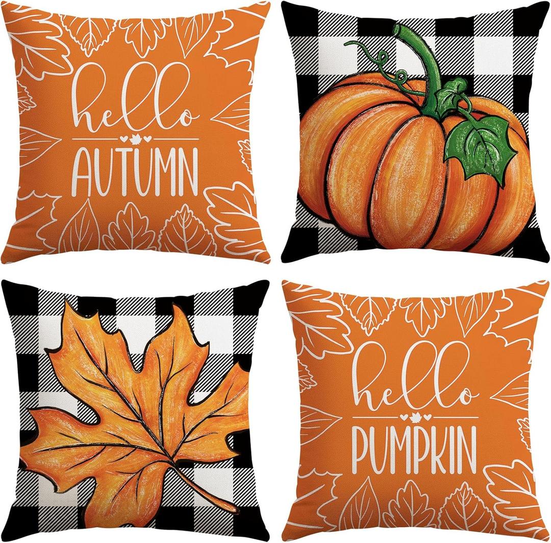 Artscope Fall Decorative Throw Pillow Covers 18x18 Inch Set of 4 Fall Gifts for Home Decor, Buffalo Plaid Autumn Pumpkin Maple Leaves Harvest Decoration Pillow Cases for Home Sofa Couch Decor-Orange A