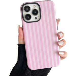 Compatible with iPhone 15 Pro Case, Cute Fashion Aesthetic Striped Pattern Cover for Women, Shockproof Soft TPU and Hard PC Protective Phone Case for iPhone 15 Pro 6.1"- Pink