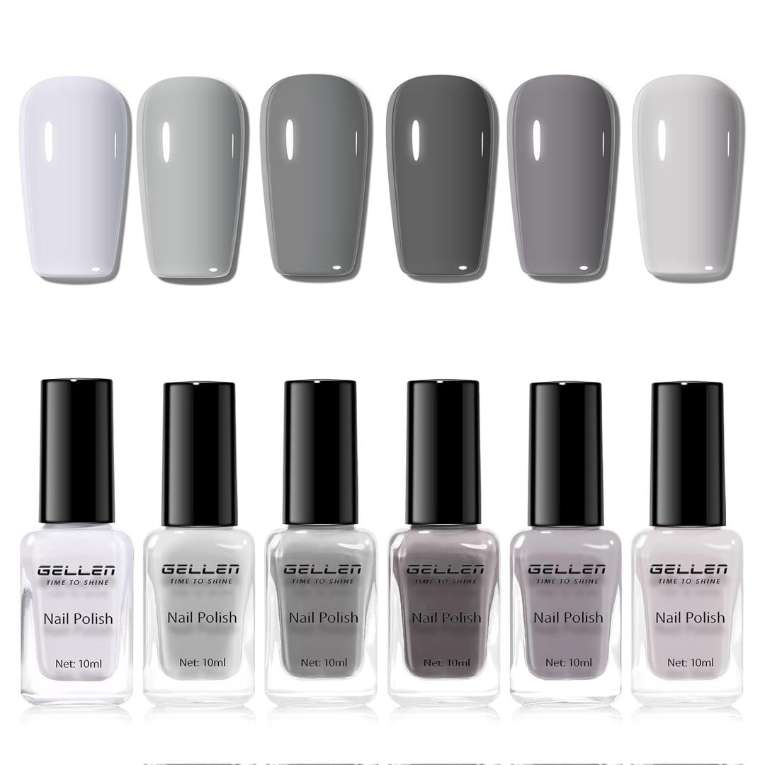 GELLEN Gray Nail Polish Set, Fall Winter Trendy Grey Regular Nail Polish Quick Air Dry 6 Dark Light Colors for Women Gifts DIY Fingernail Toe Nails Home Salon, Not Gel, Hema Free, Non-toxic, No Chip