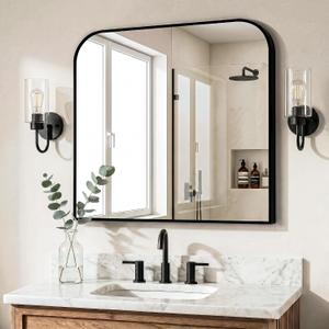 Black Bathroom Vanity Mirror 30x30 Inch | Metal Framed Bathroom Mirror for over Sink, Living Room, Bedroom, Entryway, Mantel, Fireplace Decor, Wall Mounted