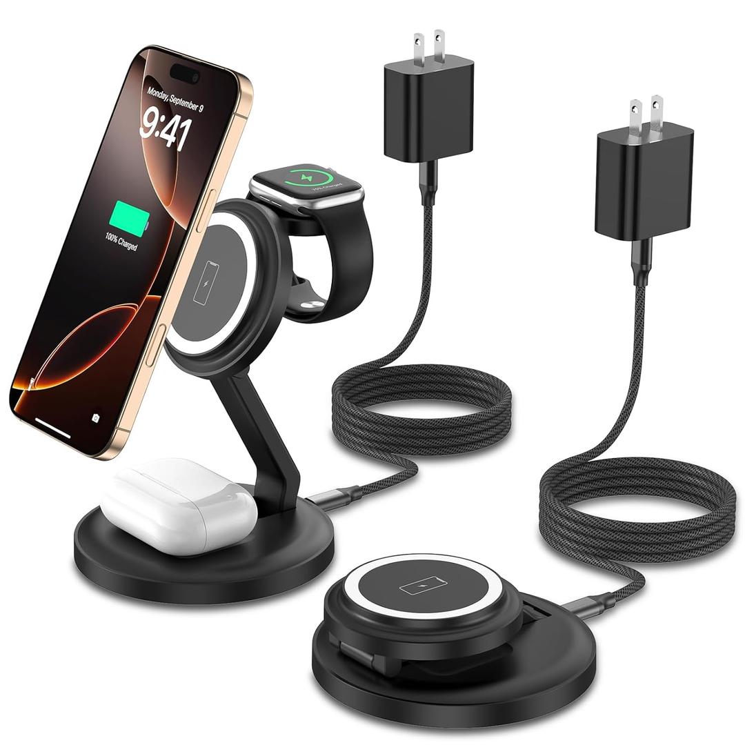 3 in 1 Foldable Wireless Charger iPhone Charging Station, 2Pack Magnetic Stand Wireless Charger Dock for Apple Multple Devices, with PD Adapter and USB C Cable for iPhone, iWatch & Airpods All Series