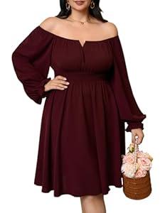 SHESTARR Womens Plus Size Cocktail Dress Fall Off Shoulder Long Sleeve Square Neck Smocked Waist Flowy A Line Short Dress Burgundy, 4XL