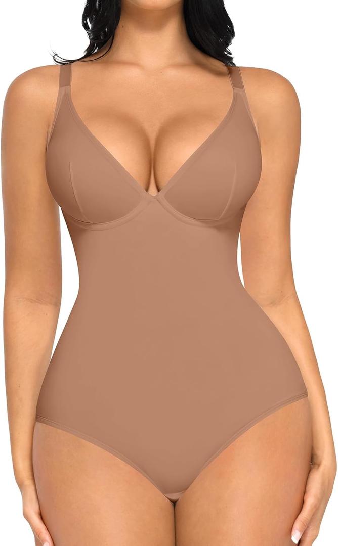FeelinGirl Shapewear Bodysuits for Women Tummy Control Body Suits Deep V Neck Corset Body Shaper Tops (Large, Light Coffee)