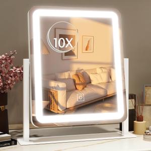 HNV Vanity Mirror with Lights  15"x13" Large Makeup Mirror with Light, 3-Color Dimmable LED, Touch Screen, 360 Rotation, Tabletop Vanity Mirror for Bedroom or Desk (White)