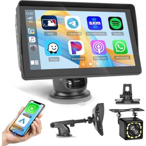 Backup Camera Carplay Screen for Car Truck,7" HD Portable Car Stereo with Wireless Android Auto Screen,Touchscreen Car Play Dash Cam,Audio Receivers USB,Voice Control,Bluetooth 5.1,GPS Navigation