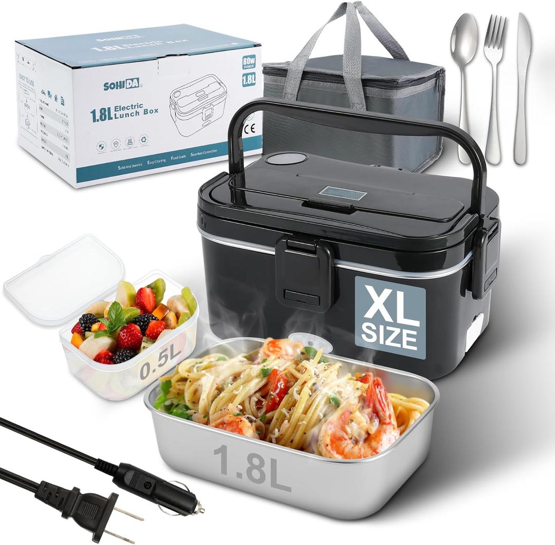 SOHIDA 1.8L+0.5L Heated Lunch Box for Men, 80W Electric Lunch Box with Long-handled Utensils for Adults, 12V/24V/110V Lonchera Elctrica Porttil, Portable Food Warmer for Car/Truck/Office (Black)